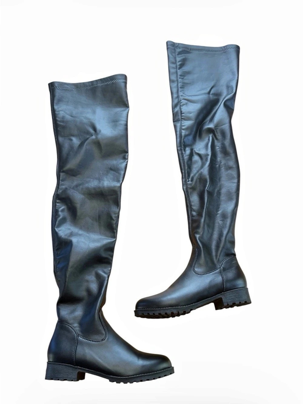 Womens Black Faux Leather Thigh High Lug Sole Combat Boots Size 11 EU 42